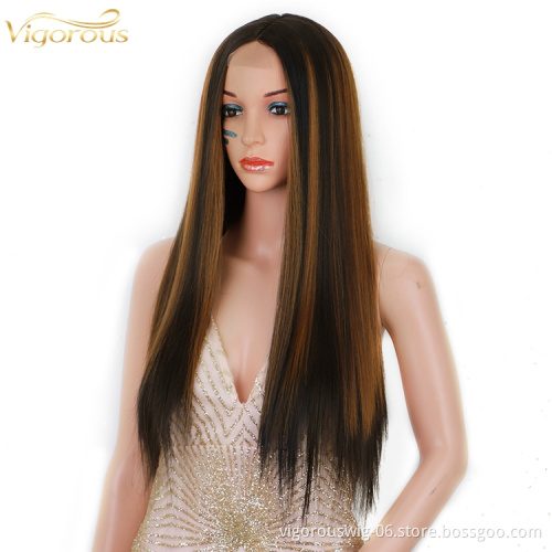 Long Straight Hair Extension Wigs 26 Inches Highlight Heat Resistant Full Cheap Women Synthetic Hair Wig With Lace Front
